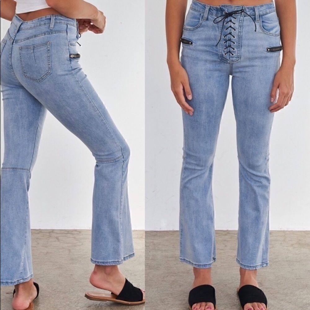 - High Waisted Denim Lace Up Bell  Bottom Je…